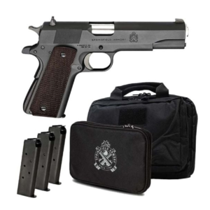 Springfield Armory 1911 Mil-Spec 5″ 45 ACP 7Rd Full Size Semi-Auto Parkerized Pistol – Gear Pac w/ Range Bag & 3 Mags – Black