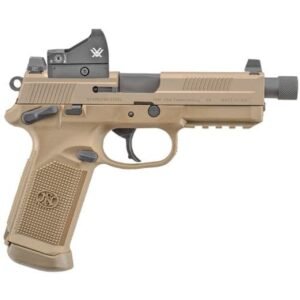 FN FNX Tactical 5.3″ 45 ACP 15+1, FDE Optic Cut/Serrated Stainless Steel Slide, Polymer Frame, Ambi